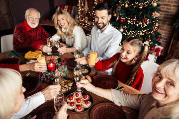 Family Christmas dinner celebration at home with smiling grandparents parents kids and friends...