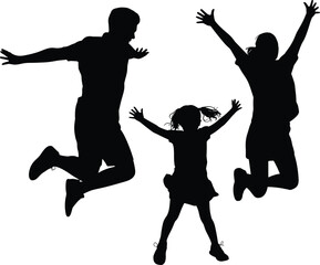 Happy family silhouette jumping together, joyful parents and child celebrating outdoors, unity, freedom, lifestyle, bonding, happiness, success, teamwork, energy