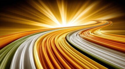 Abstract golden road with flowing lines under a radiant sunrise, symbolizing journey and hope