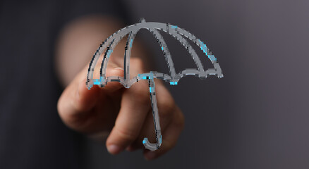 A hand holding a digitally rendered umbrella symbolizing protection, security, and technology in a modern concept. Ideal for illustrating concep