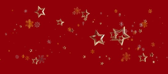 Christmas and New Year festive background with golden stars, snowflakes and particles on a red background. Holiday design with falling golden st