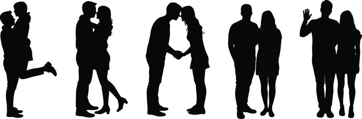 Romantic couple silhouettes, love relationship poses, affectionate embrace, friendship bond, kissing partners, waving goodbye, emotional connection, intimacy, companionship, togetherness, romance