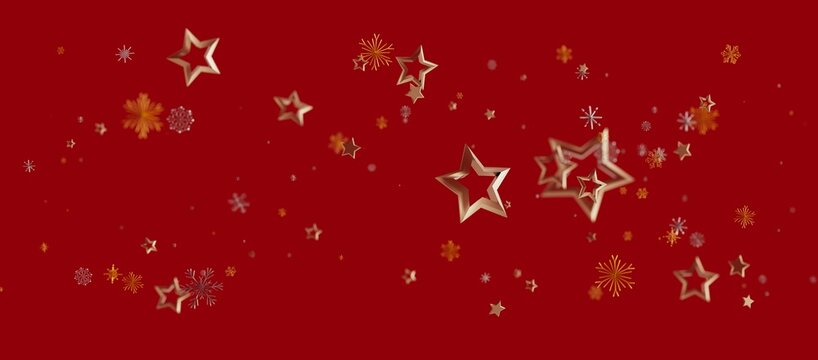 Christmas and New Year festive background with golden stars, snowflakes and particles on a red background. Holiday design with falling golden st - Powered by Adobe