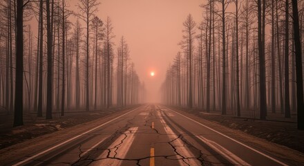 Eerie ambiance over desolate road flanked by skeletal trees under hazy sunset glow