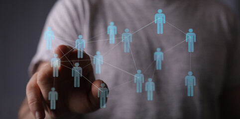 Visualize digital networks with connected people. Illustrates concept of teamwork, communication, and connectivity in business, technology, and