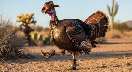 Whimsical Wild West: A Turkey in Cowboy Boots and Hat Strolling Through the Desert Scene