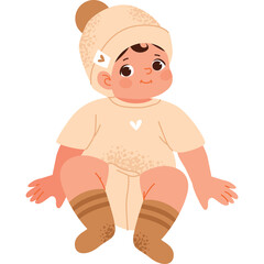Cute Baby Wearing A Light Brown Onesie And Hat With Striped Socks Sitting Down With A Small Heart On The Onesie And Transparent Background