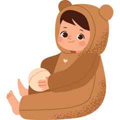 Cute Baby Wearing A Brown Bear Costume With A Heart Symbol And Holding A Round Toy With A Textured Pattern On A Transparent Background