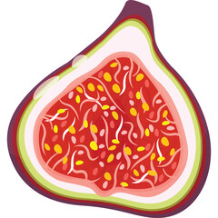 Cross section of a ripe purple fig showing red pulp and yellow seeds with a transparent background