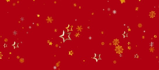 Elegant Christmas background featuring falling gold stars and snowflakes on a red backdrop, perfect for holiday designs and celebrations.