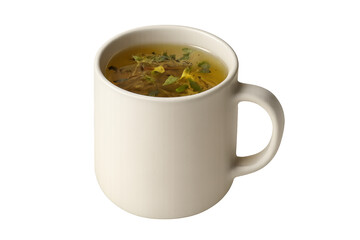 Warm clear broth soup in mug with herbs