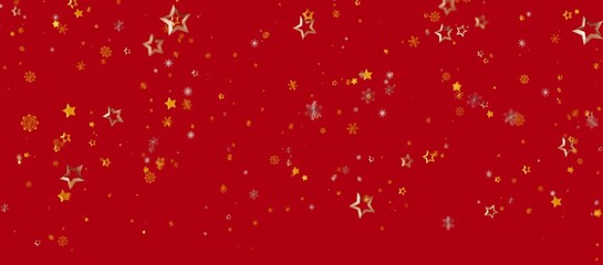 Festive red Christmas background with golden stars and snowflakes floating in the air, creating a...