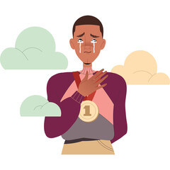 Crying Athlete Wearing A Number One Medal With Hand On Chest Surrounded By Pastel Clouds And Transparent Background