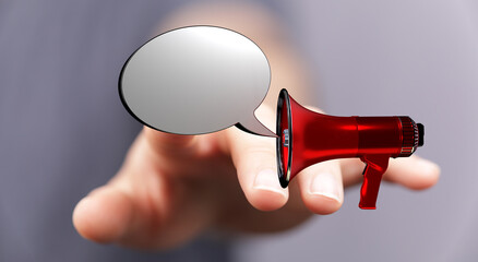 Hand reaching out with red megaphone and speech bubble to announce a message. Concept of communication, announcement, marketing, and information