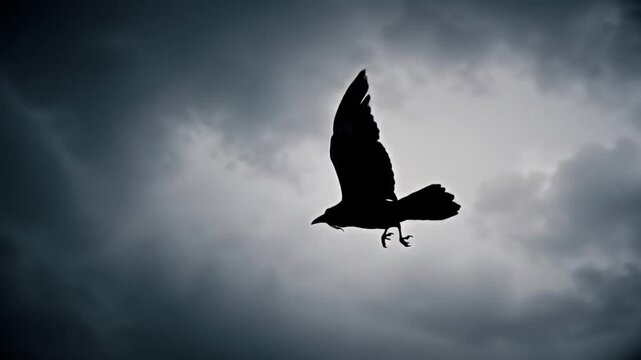 A silhouette of a crow flying against a cloudy sky background