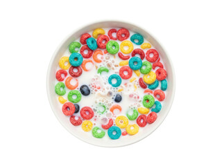 Bright multicolored cereal loops on white plate
