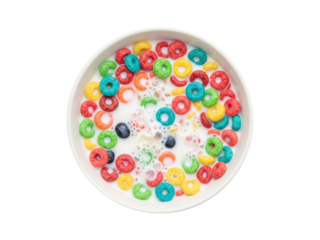 Bright multicolored cereal loops on white plate
