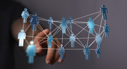 Concept image of a hand touching a network diagram with people icons representing connections and...