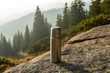 A metallic thermos bottle stands on a rugged rock surface amidst a misty mountain landscape with evergreen trees