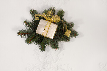 Beautiful Christmas and New Year background with gift box and live fir branches,Holiday winter greeting card and banner for screen,mockup for holiday advertising design,Christmas Eve concept © Светлана Балынь