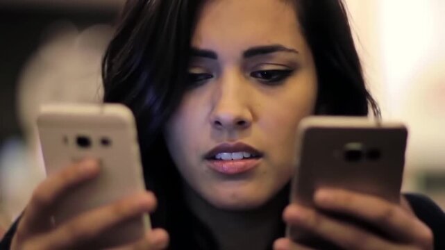 Woman holding two smartphones looking confused in indoor setting