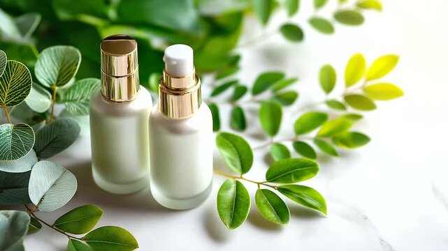 Korean skincare flatlay, cosmetic bottles on minimal white background with leaves, under soft natural light highlighting elegance and freshness, serene product scene, calm white li