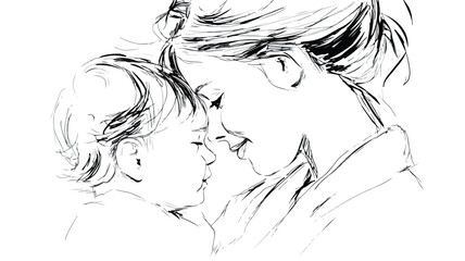 Fototapeta premium Tender Mother and Child Hand Drawn Vector Illustration with Outline Isolated