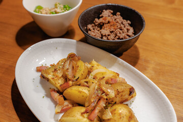 Homemade dinner with potatoes and bacon
