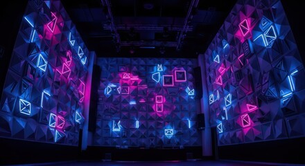 Futuristic stage design with geometric patterns and vibrant neon lighting accentuating depth