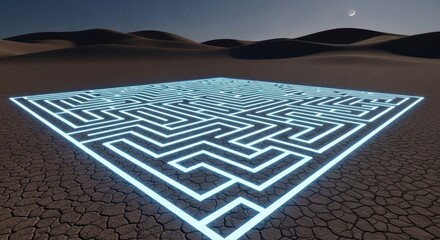 Illuminated desert labyrinth under starry skies challenges perceptions and direction