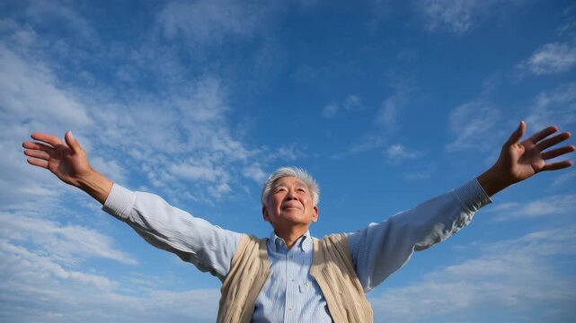 男性が青空の下で健康的に伸びをする