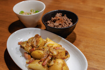 Homemade dinner with potatoes and bacon
