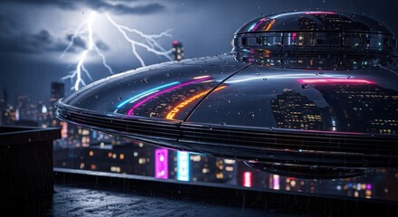 Cyberpunk cityscape featuring a hovering futuristic vehicle during a thunderstorm at night