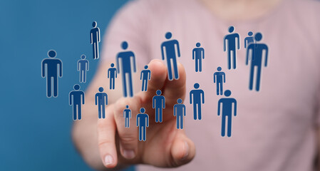 Connecting digital human icons representing people network with a touch. Concept of modern data transfer, community, teamwork, and human connect