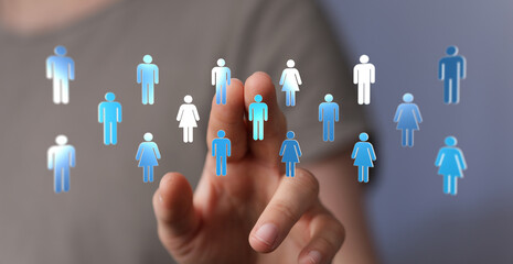 Hand touching digital human icons representing networking, communication, teamwork, and global...