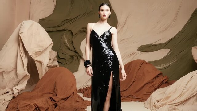 A model in a shimmering black dress gracefully poses, embodying sophistication amidst artful drapery. 