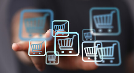 Person interacting with digital shopping cart icons, representing online shopping, e-commerce, and the digital economy. Great for web design and