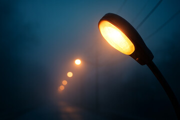 Eerie streetlights pierce through the mysterious fog, creating an atmospheric scene perfect for thriller, mystery, or suspenseful narratives