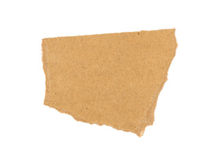 Torn brown cardboard paper piece isolated on white background, rough vintage texture scrap for collage, packaging, and craft design