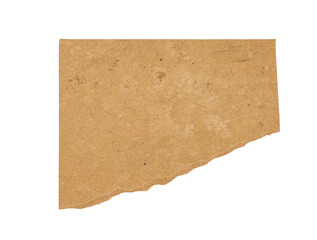 Torn brown cardboard paper piece isolated on white background, rough vintage texture scrap for collage, packaging, and craft design