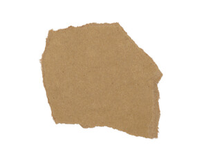 Torn brown cardboard paper piece isolated on white background, rough vintage texture scrap for collage, packaging, and craft design