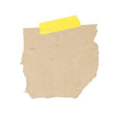 Fototapeta premium Torn brown cardboard paper piece with tape isolated on a white background, textured ripped note for craft design and message mockup
