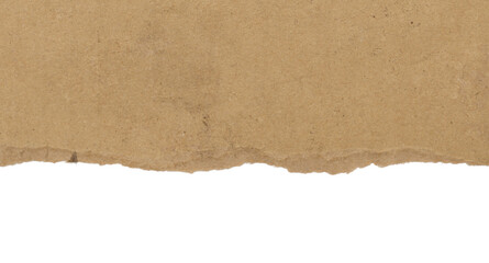 ripped at a brown recycled paper isolated on a white background, torn brown cardboard on a transparent background.