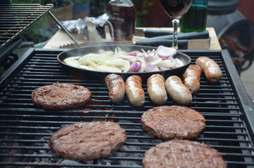 Fresh cooked beef burgers, tasty fast BBQ food  