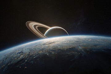 Ringed planet rising over atmospheric world horizon in cinematic deep space scene &ndash; conceptual sci-fi render
