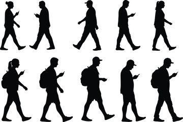 Silhouette vector illustration, people walking with smartphones, urban lifestyle, technology addiction, distracted walking, modern society, gadget use, business concept design