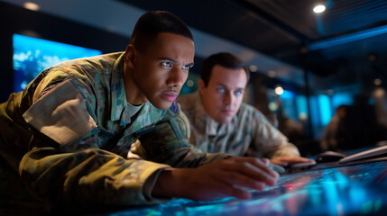 Commanders reviewing tactical data streams on high-resolution digital panels, illuminated by subtle blue ambient light, cinematic detail, with copy space.