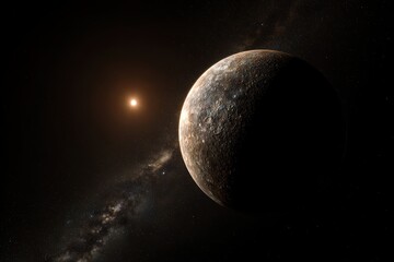 Distant rocky planet orbiting glowing sun in dramatic space scene with star-filled background
