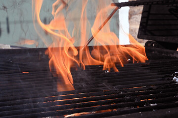 garden barbecue grill flame, outdoor living cooking food on charcoal fire  