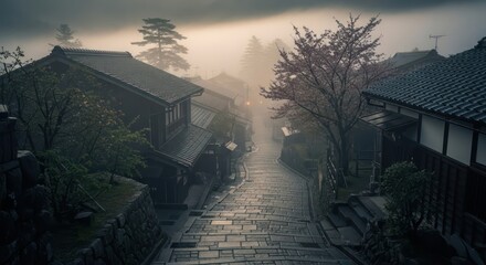 Ethereal tranquility: Cobblestone pathway through the misty old district ambiance